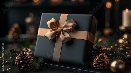 Black gift box tied with gold ribbon and a bow.