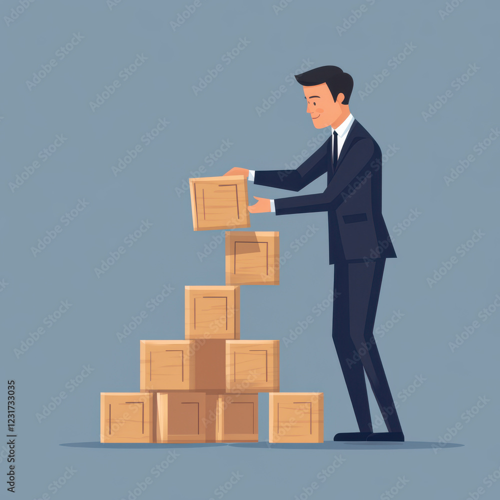 businessman stacking wooden boxes, symbolizing growth and strategy. image conveys determination and focus in professional setting businessman stacking wooden boxes, symbolizing growth and strategy. image conveys determination and focus in professional setting
