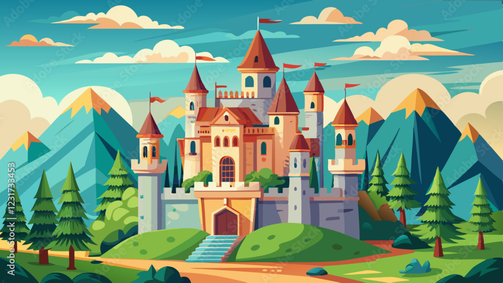 Fairytale castle with towers and flags surrounded by green hills, tall pine trees, and majestic mountains under a vibrant blue sky Fairytale castle with towers and flags surrounded by green hills, tall pine trees, and majestic mountains under a vibrant blue sky