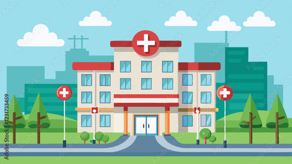 Naklejka premium Flat illustration of a modern hospital building with a red cross sign, surrounded by trees and an urban cityscape in the background