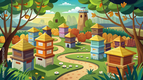 Colorful beekeeping landscape with wooden beehives, blooming flowers, trees, and a scenic backdrop of hills and blue sky