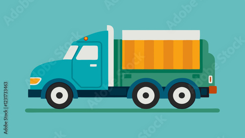 Flat illustration of a colorful cargo truck with a blue cabin and orange container on a light blue background