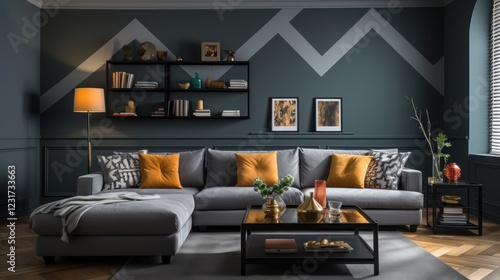 Grey sectional sofa in modern living room with geometric wall, shelving, and natural light photo