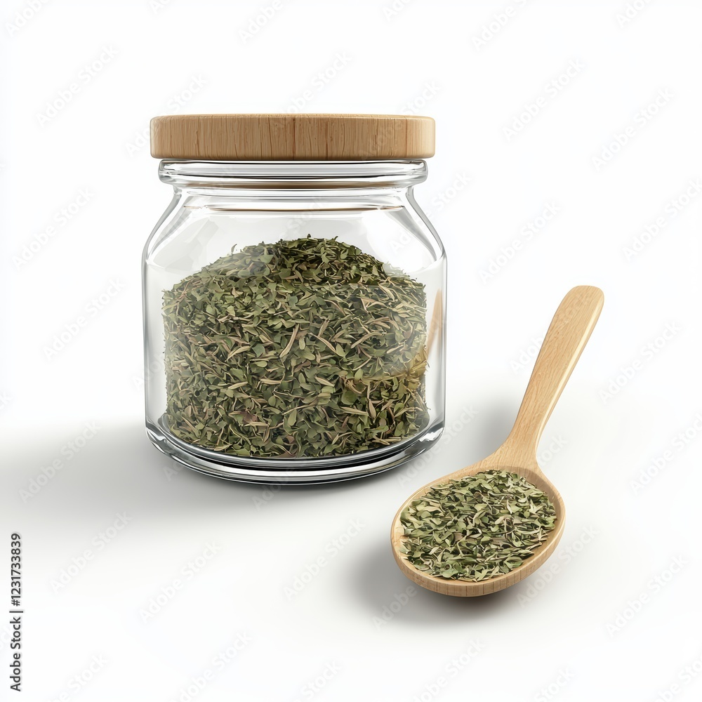 small glass jar filled with dried oregano and a wooden spoon beside it, isolated on a clean white background small glass jar filled with dried oregano and a wooden spoon beside it, isolated on a clean white background