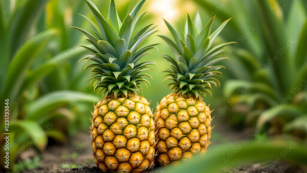 Two ripe pineapples growing in a tropical plantation Two ripe pineapples growing in a tropical plantation