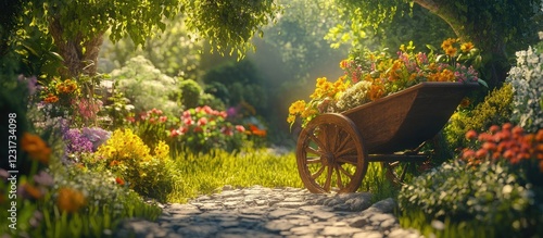 Fototapeta Naklejka Na Ścianę i Meble -  Cozy garden pathway with vibrant flowers in various colors leading to a wooden wheelbarrow filled with seasonal blooms under soft sunlight.
