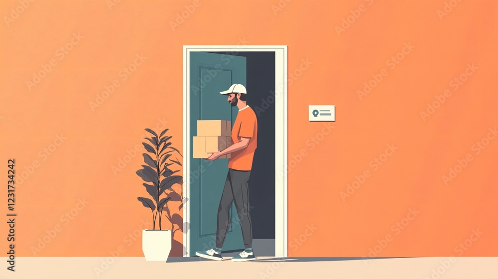 Efficient Delivery Service Worker Loading Packages, Man Holding Paper, Professional Postman with Loader Efficient Delivery Service Worker Loading Packages, Man Holding Paper, Professional Postman with Loader