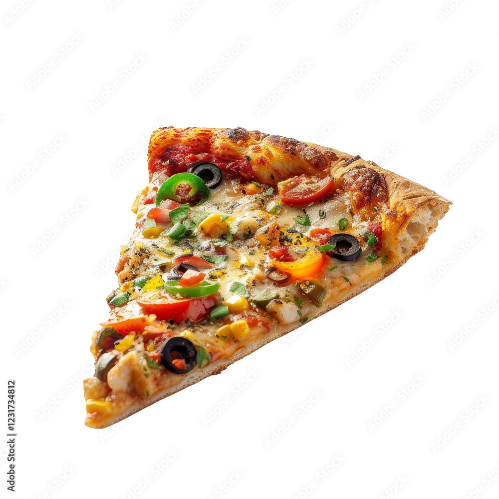 A delicious slice of pizza topped with colorful vegetables and melted cheese, perfect for a quick snack or meal. A delicious slice of pizza topped with colorful vegetables and melted cheese, perfect for a quick snack or meal.