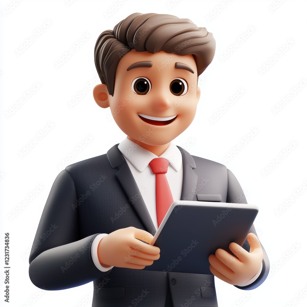 Smiling businessman in a suit holding a tablet, isolated on a clean white background