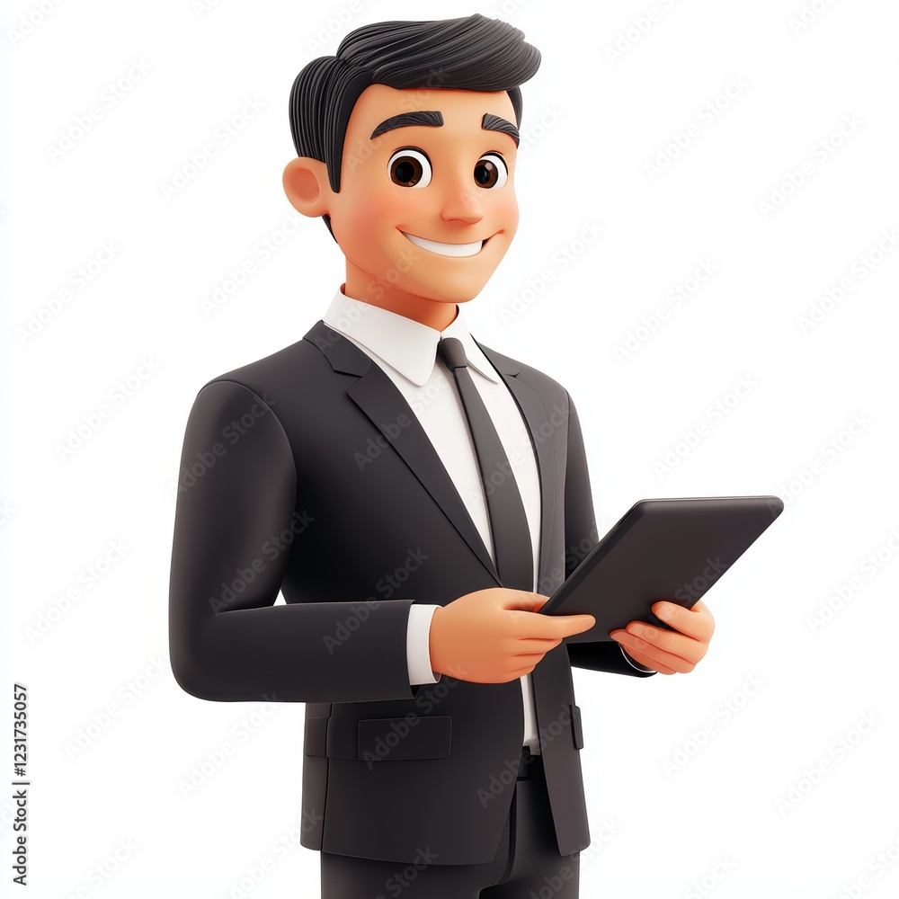 Smiling businessman in a suit holding a tablet, isolated on a clean white background Smiling businessman in a suit holding a tablet, isolated on a clean white background