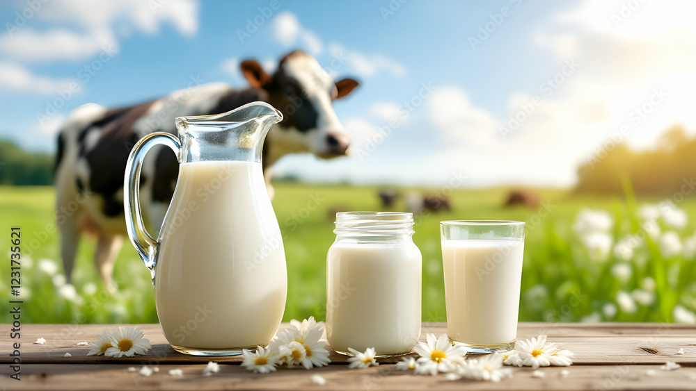 Milk pitcher and glass with peaceful pasture backdrop, ideal for dairy product marketing Milk pitcher and glass with peaceful pasture backdrop, ideal for dairy product marketing