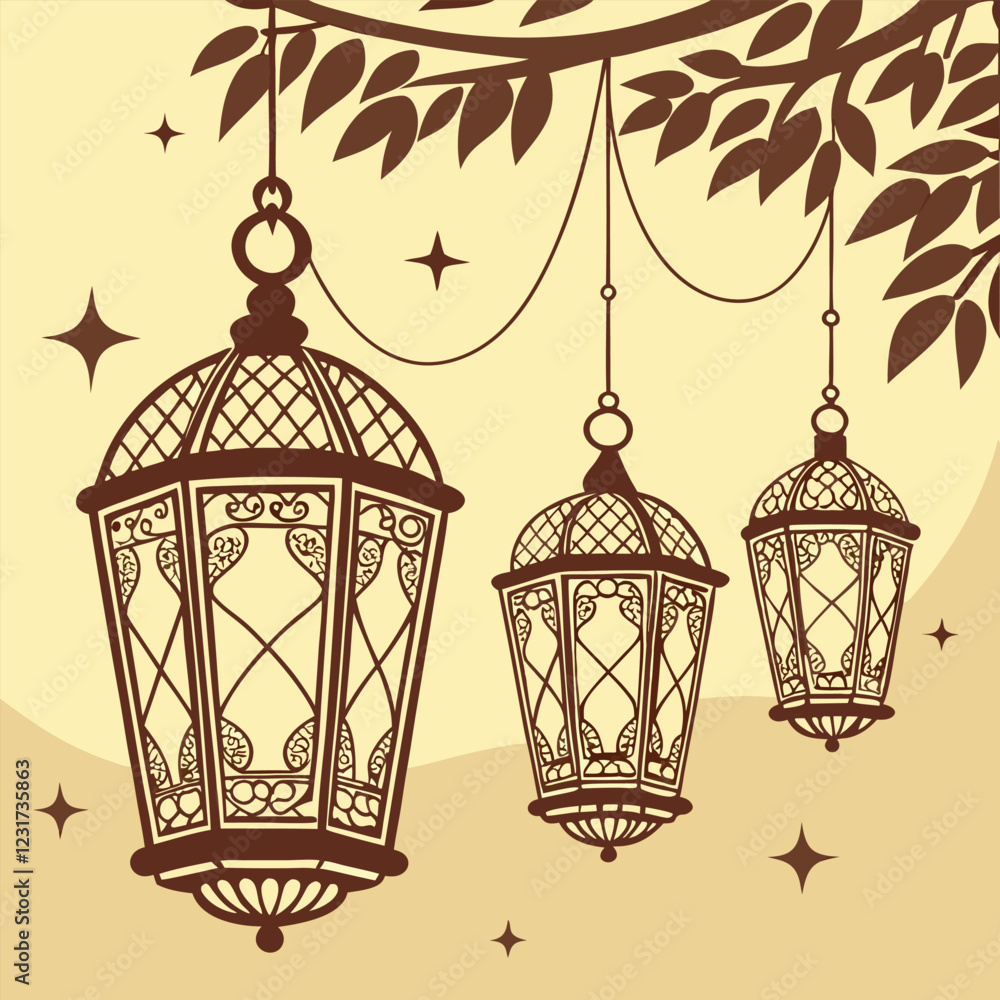 Create an illustration of Ramadan lanterns hanging with intricate patterns in a warm golden glow Create an illustration of Ramadan lanterns hanging with intricate patterns in a warm golden glow
