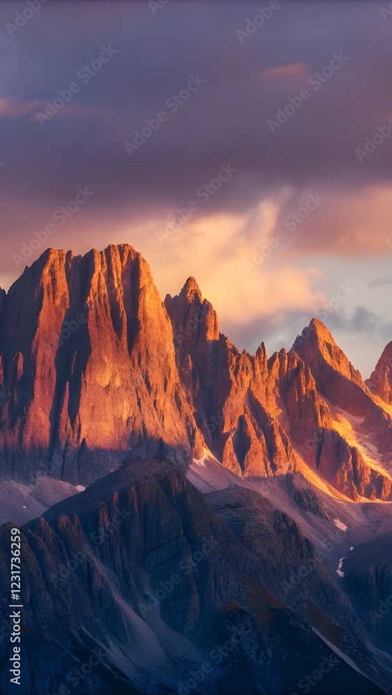 Fototapeta premium A stunning view of the Rocky Mountains at sunset, with jagged peaks glowing in orange and purple hues. 
