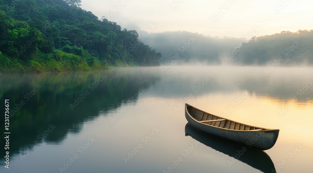 Serene Misty Lake with Tranquil Boat at Dawn in Nature's Beauty Serene Misty Lake with Tranquil Boat at Dawn in Nature's Beauty
