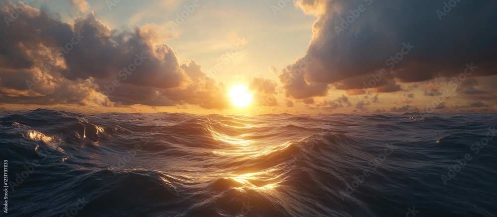 Golden sunset over the ocean with waves reflecting warm hues, dramatic clouds in the sky, creating a serene and picturesque seascape. Golden sunset over the ocean with waves reflecting warm hues, dramatic clouds in the sky, creating a serene and picturesque seascape.