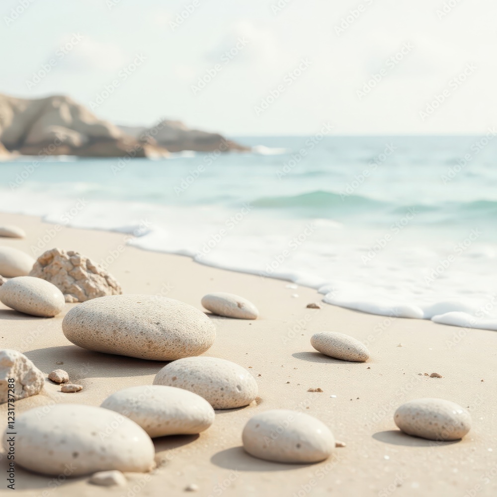 Round sea stones scattered on a serene white and beige abstract landscape, beige, calming, abstract Round sea stones scattered on a serene white and beige abstract landscape, beige, calming, abstract