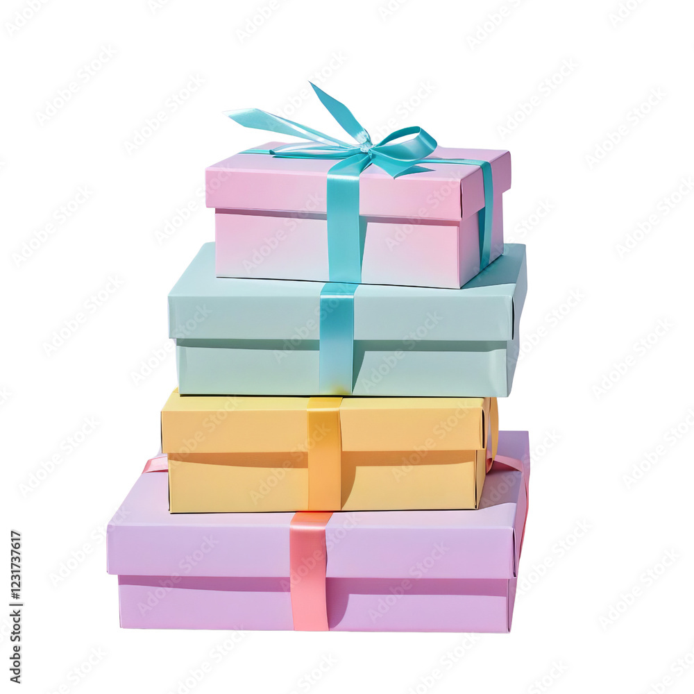 Fototapeta premium A stack of colorful gift boxes tied with ribbons, perfect for celebrations, holidays, or special occasions, isolated on a white background.