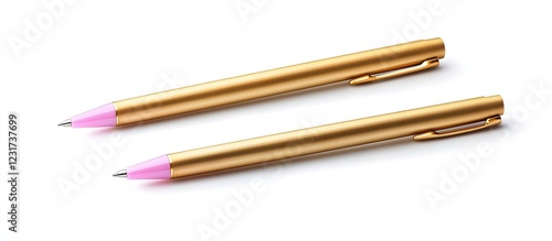 Elegant golden pens with pink tips positioned diagonally on a clean white background creating soft shadows highlighting luxury and sophistication photo