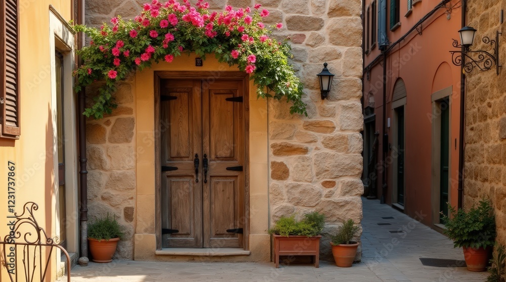 Weathered oak door with iron knocker in a charming Tuscan village setting Weathered oak door with iron knocker in a charming Tuscan village setting