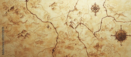 Antique parchment map showing mountains, rivers, compass roses; adventure background