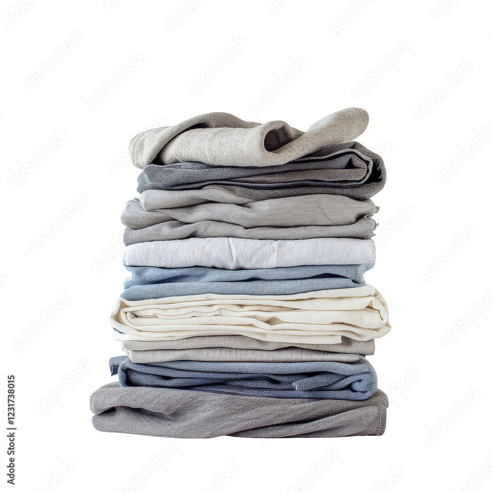 A stack of neatly folded clothes in various shades of gray, white, and blue, isolated on a white background. A stack of neatly folded clothes in various shades of gray, white, and blue, isolated on a white background.