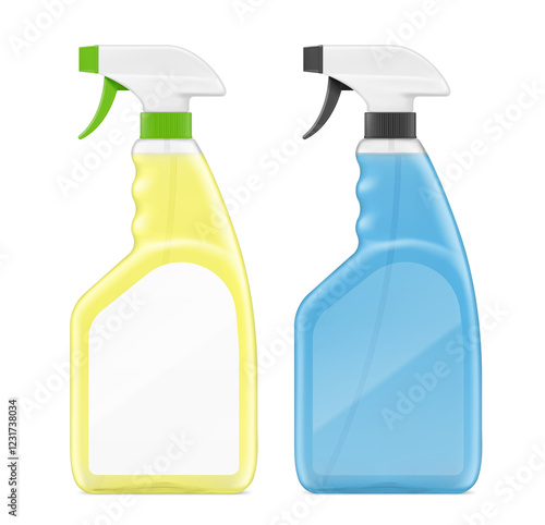 Clear trigger sprayer bottle with cleaning product mockups. Vector illustration isolated on white background. Perfect for easy customisation and editing your design for household, cleaning. EPS10.