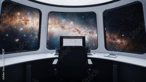 Futuristic Space Station Interior with Views of a Starry Galaxy