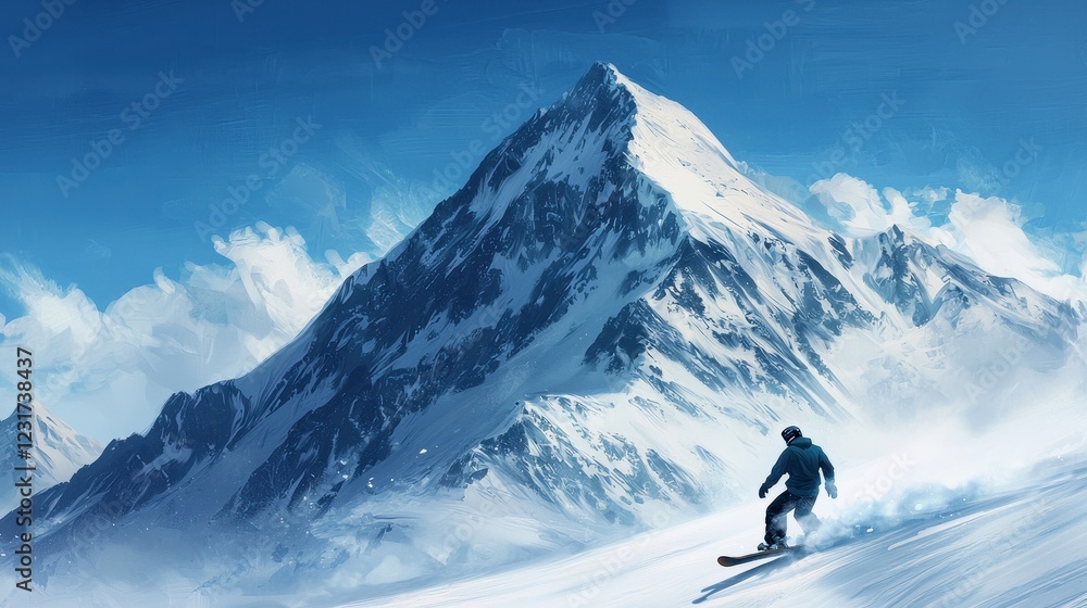 Snowboarder Descending Majestic Snowy Mountain in Clear Blue Sky Snowboarder Descending Majestic Snowy Mountain in Clear Blue Sky