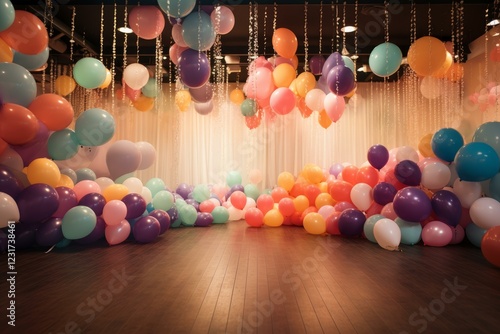 Many colorful balloons decorating a party room, hanging from the ceiling and lying on the wooden floor photo