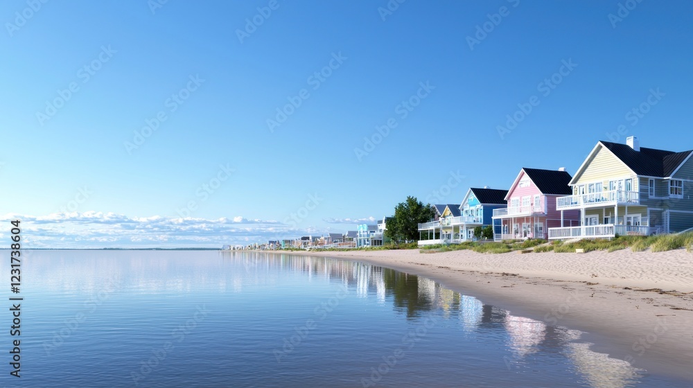 Obraz premium Pastel Colored Beach Houses Reflecting in Calm Ocean Water