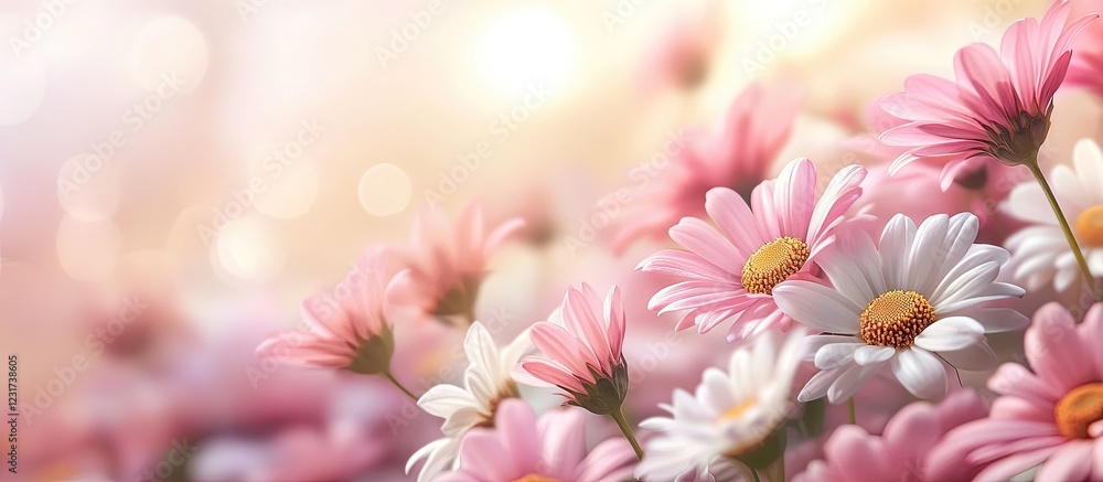 Vibrant floral banner with pink and white daisies arranged in foreground against a soft pastel background enhancing a cheerful atmosphere Vibrant floral banner with pink and white daisies arranged in foreground against a soft pastel background enhancing a cheerful atmosphere