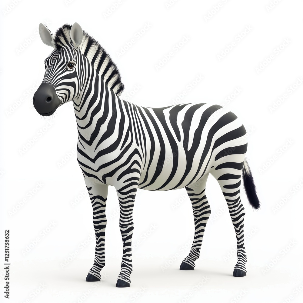 Fototapeta premium Striped zebra standing tall with black-and-white patterns, placed on a bright white background
