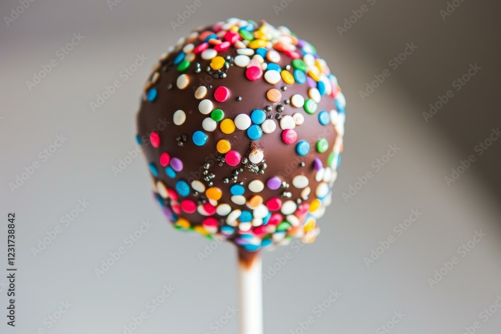 Chocolate cake pop dipped in a colorful sprinkle coating is waiting to be eaten Chocolate cake pop dipped in a colorful sprinkle coating is waiting to be eaten