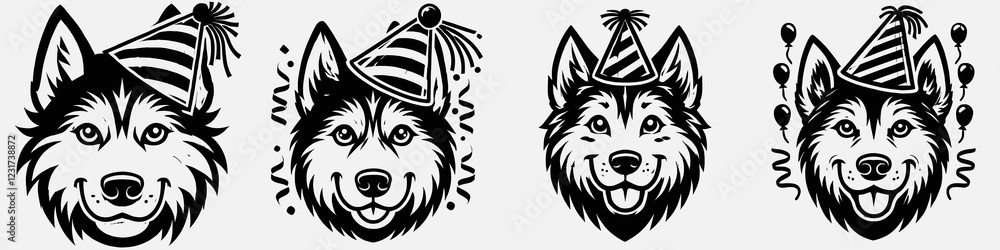 Obraz premium Four playful husky dog illustrations wearing party hats, exuding a cheerful and festive vibe.
