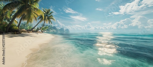 Tropical beach scene with crystal clear turquoise water and pristine white sand under a bright blue sky with swaying palm trees on the shore. photo