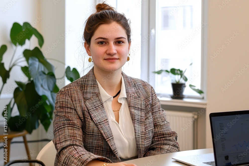 European Consultant in a Meeting A European woman with auburn hair tied in a low bun, wearing a plaid blazer over a white blouse. European Consultant in a Meeting A European woman with auburn hair tied in a low bun, wearing a plaid blazer over a white blouse.