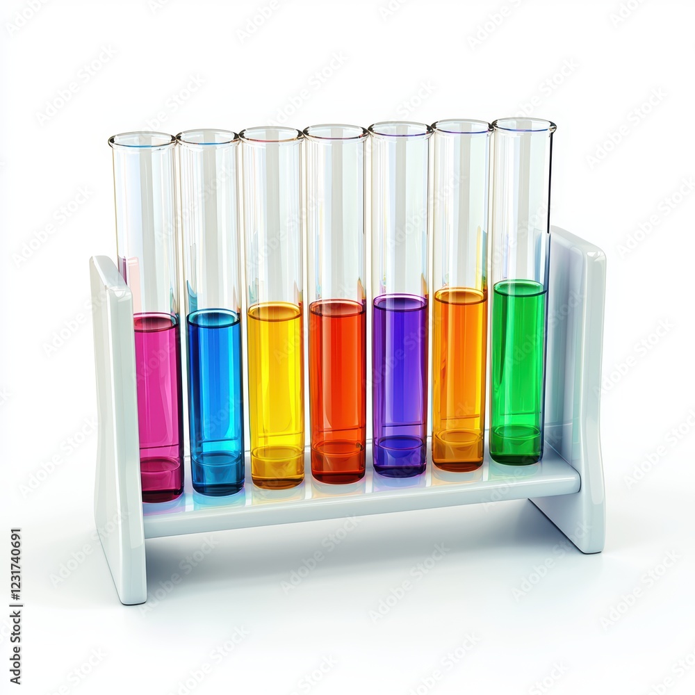 test tube rack with multiple colorful solutions, placed on a bright white background test tube rack with multiple colorful solutions, placed on a bright white background