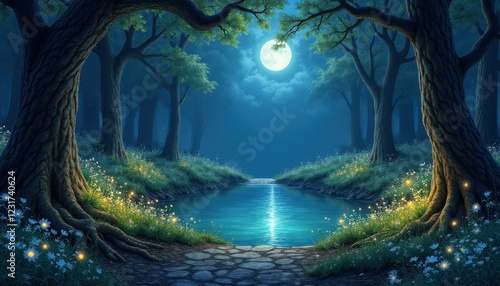 Enchanting Moonlit Forest Path Serene Pond Firefly Glow Magical Night Scene