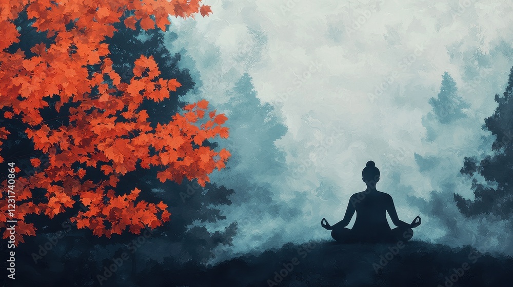 Fototapeta premium Serene Meditation Scene with Silhouette and Autumn Leaves