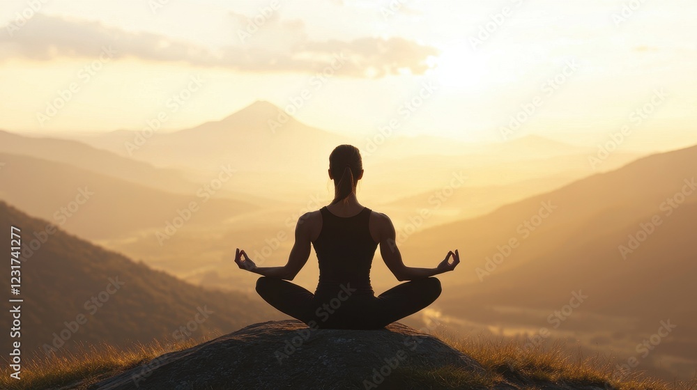 Serene Individual Meditating Amidst Majestic Mountain Landscape at Sunset Serene Individual Meditating Amidst Majestic Mountain Landscape at Sunset