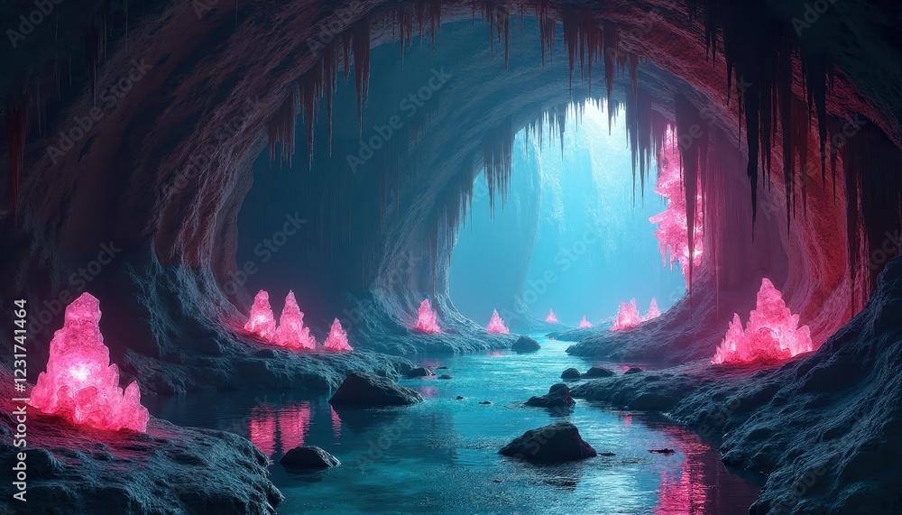 Fototapeta premium Enchanting Underground River Cave with Glowing Pink Crystals and Stalactites