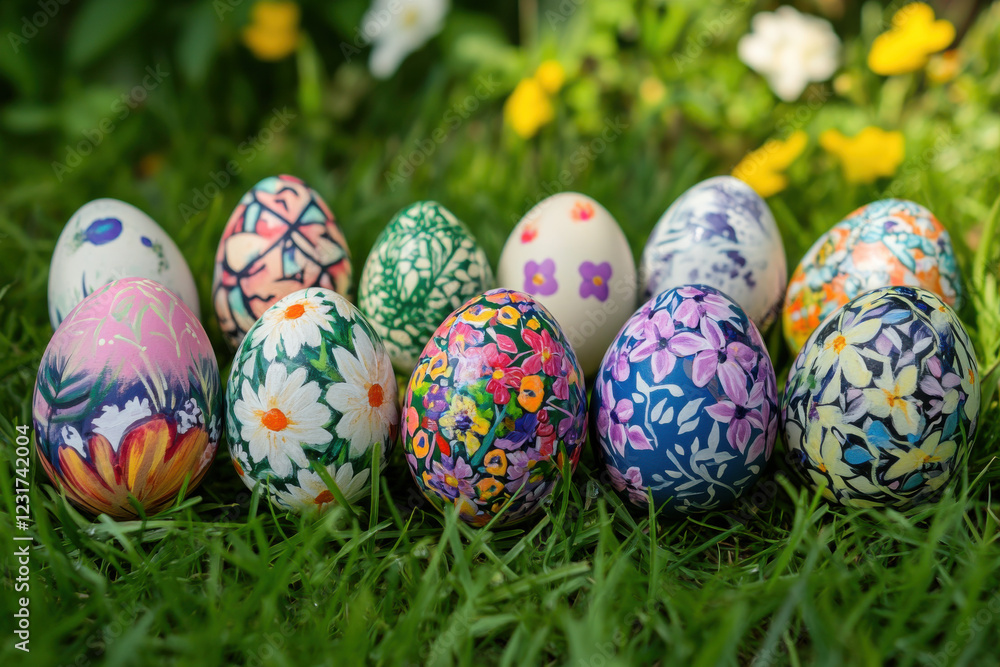 A collection of painted easter eggs celebrating a Happy Easter on a spring day with green grass meadow background with copy space A collection of painted easter eggs celebrating a Happy Easter on a spring day with green grass meadow background with copy space