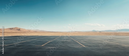 Vast asphalt car park under clear blue sky, foreground showcasing empty parking spaces with distant desert landscape and gentle hills in background.