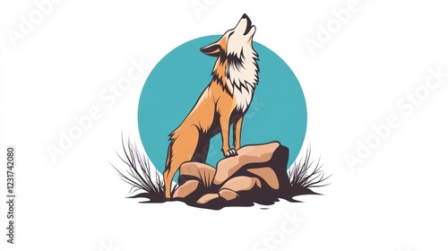 Wolf howling on rocks, bright background for nature illustrations and icons photo