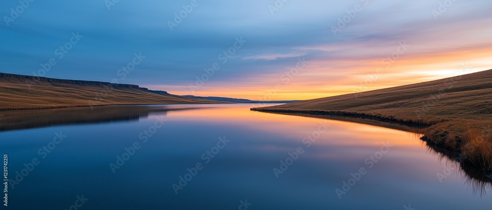 Burnout recovery mental concept. Serene river landscape at sunset with vibrant colors and reflections. Burnout recovery mental concept. Serene river landscape at sunset with vibrant colors and reflections.