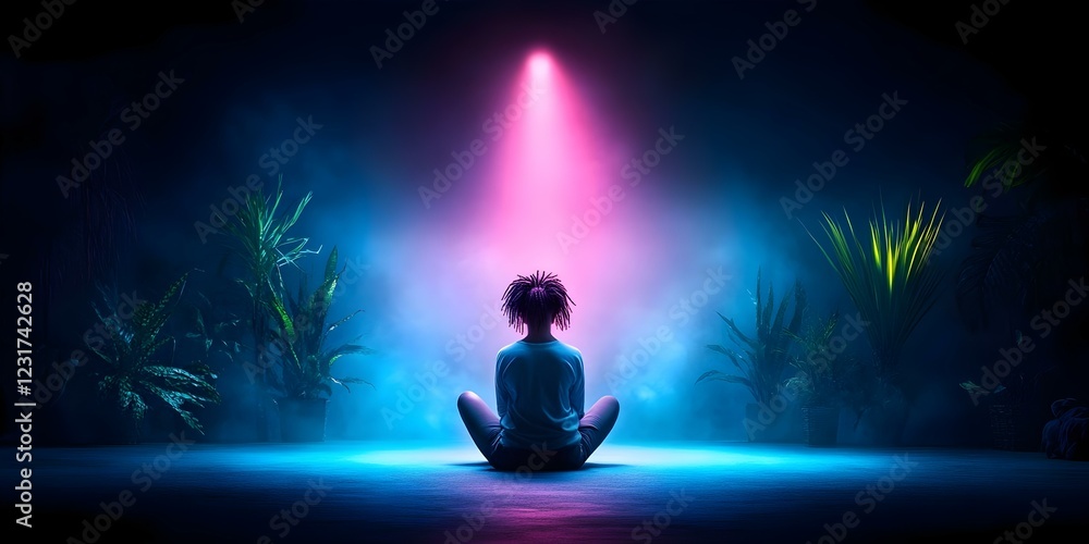 A figure sits cross-legged in a dimly lit space, surrounded by plants, with a spotlight illuminating them from above. Concept Meditation in Nature, Ambient Lighting, Cross-Legged Pose A figure sits cross-legged in a dimly lit space, surrounded by plants, with a spotlight illuminating them from above. Concept Meditation in Nature, Ambient Lighting, Cross-Legged Pose