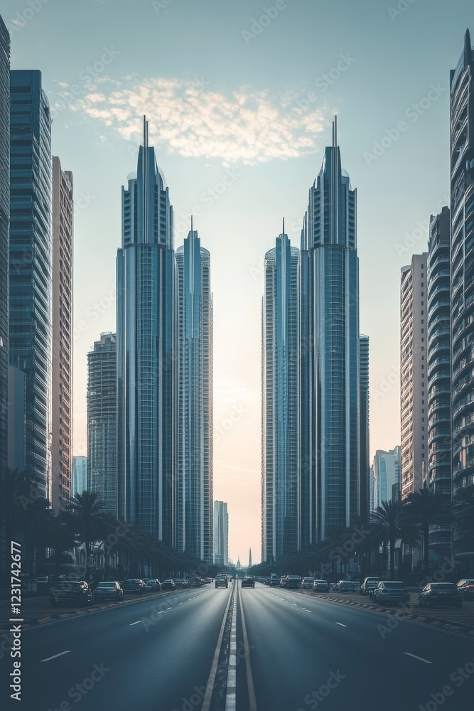 Fototapeta premium A city street with tall buildings in the background. The sky is blue and the sun is setting