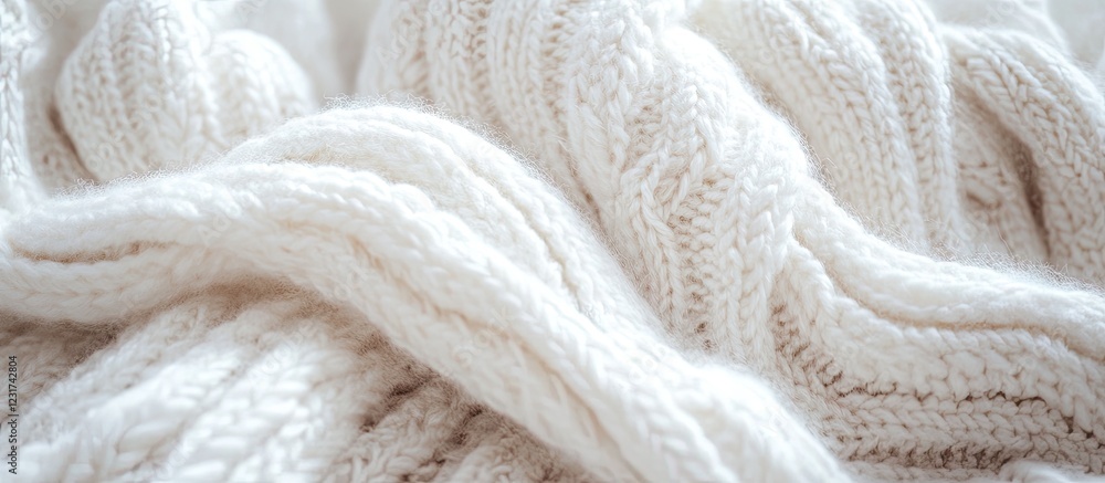 Close up of a warm white knitted fabric showcasing intricate patterns soft texture with gentle drapes creating a cozy feel perfect for fashion design Close up of a warm white knitted fabric showcasing intricate patterns soft texture with gentle drapes creating a cozy feel perfect for fashion design