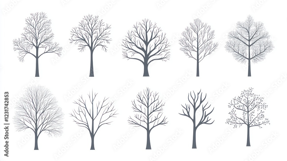 Fototapeta premium Bare winter trees silhouettes, white background, nature design, graphic