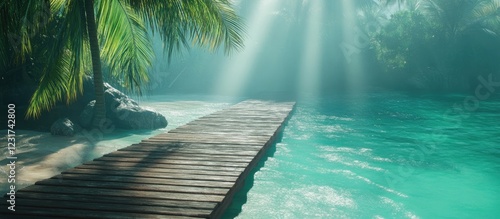 Tranquil tropical beach scene with a wooden walkway leading to turquoise water surrounded by palm trees and illuminated by soft sunlight rays photo